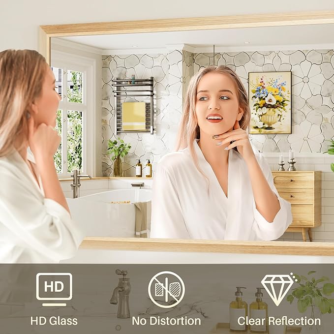 40x32 Inch Bathroom Mirror for Wall, Anti-Rust Oak Wood Grain Metal Framed Bathroom Mirrors for Over Sink,Rectangler Mirrors for Bathroom Vanity, Farmhouse, Bedroom, Living Room, Entryway Decor
