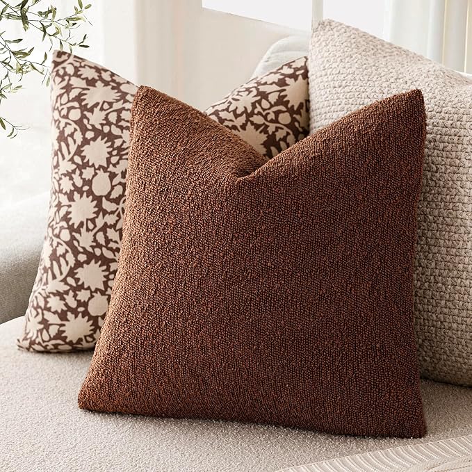 Foindtower Decorative Textured Boucle Throw Pillow Covers Accent Solid Pillow Cases Neutral Soft Cozy Couch Cushion Case for Chair Sofa Bedroom Living Room Home Decor 22x22 Inch,1PC,Red Taupe