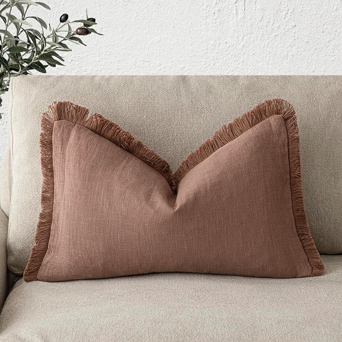 Foindtower Decorative Linen Fringe Throw Pillow Covers Cozy Boho Farmhouse Cushion Cover with Tassels Soft Accent Pillowcase for Chair Sofa Bed Living Room Home Decor, 12×24 Inch, 1PC, Rust