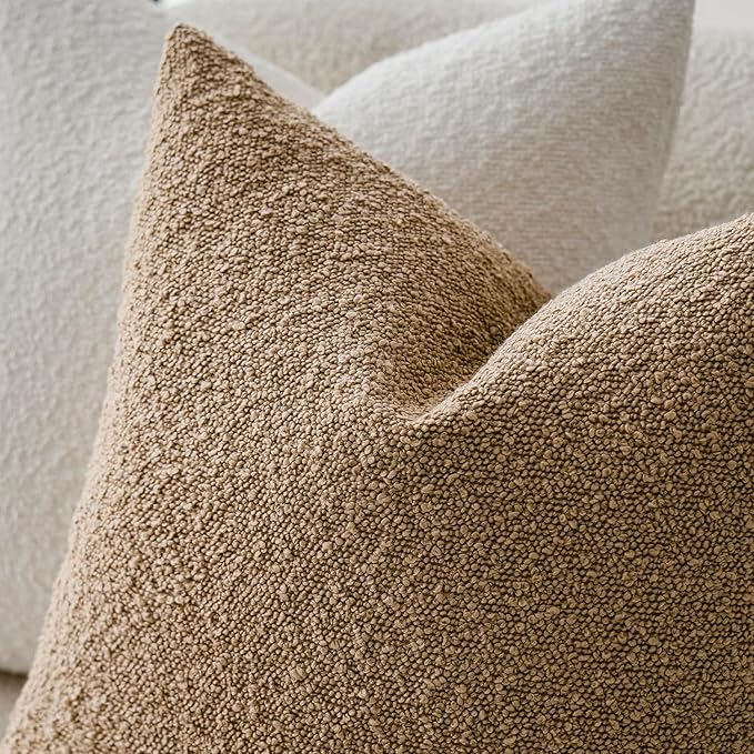 Foindtower Decorative Textured Boucle Throw Pillow Covers Accent Solid Pillow Cases Neutral Soft Cozy Couch Cushion Case for Chair Sofa Bedroom Living Room Home Decor 24 x 24 Inch,Taupe Khaki Camel