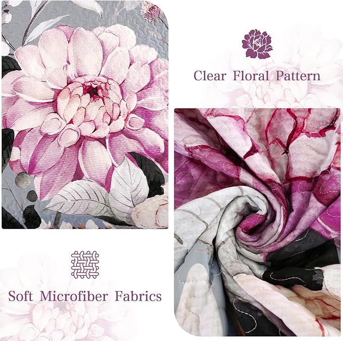 Drucon Floral Quilt Queen Size - 3 Pieces Grey Quilt Botanical Bedspread Soft Lightweight Flower Bedding Set for All Season (96"x90")