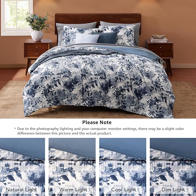 CASAAGUSTO Queen Comforter Set, 7 PCS Navy Blue Floral Comforter Set with Flowers Leaves Pattern, Soft Velvet Design for Winter Queen Size Bedding Set(90"X90")