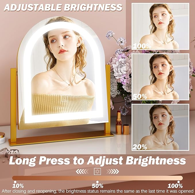 FENNIO Large Vanity Mirror with Lights - 15.5"x13" LED Lighted Makeup Mirror with Lights, 10X Magnification, Touch Screen with 3-Color Lighting, Dimmable, for Vanity Desk Tabletop, Bedroom（Gold）