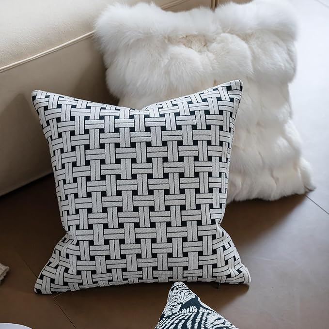 Premium Throw Pillow Covers 18x18 Inches - Black Interlaced Weave Grid Chenille Jacquard Embroidery Decorative Couch Pillow Covers for Living Room Bedroom Sofa Home Décor