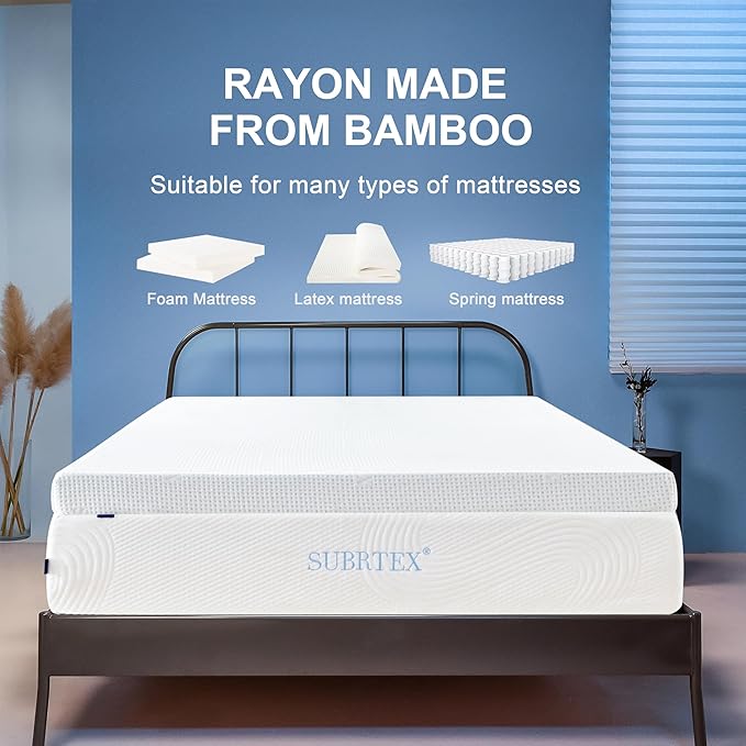 Subrtex 2 Inch Mattress Topper Cover (Only Cover) Mattress Topper Protector Bedding Rayon Made from Bamboo Removable Mattress Encasement with Zippers, Queen