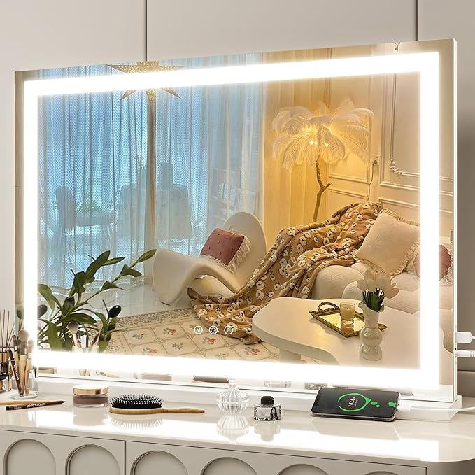 FENNIO Vanity Mirror with Lights 32"x22", Lighted Makeup Mirror, Large Vanity Mirror, Touch Sensor with 3-Color Lighting, USB Charging Port for Vanity Desk（Square White）