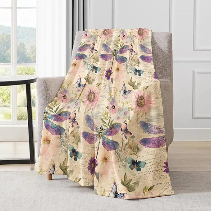 Dragonfly Blanket - Retro Butterfly Floral Pastel Fleece Throw,Gifts for Kids Women, Soft & Warm,Lightweight, for Modern Rustic Boho Decor, Nature Lovers, and Room Home Accents 40x50in