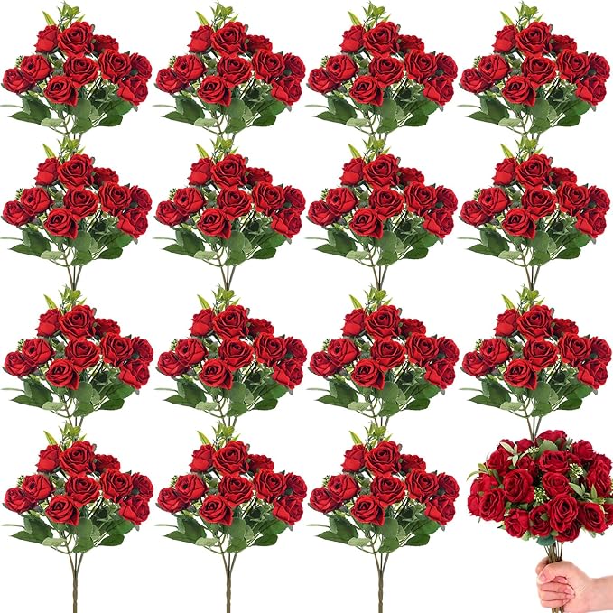 Zeyune 16 Bunches 12 Inch Artificial Mini Rose Bouquet 160 Heads Bridal Flower Bouquets Fake Silk Rose Bulk for Wedding Bridal Shower Christmas Home Office Garden Decoration(Red)