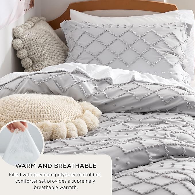 Bedsure Twin Comforter Set - Light Grey Comforter, Boho Tufted Shabby Chic Bedding for Kids, 2 Pieces Vintage Farmhouse Bed Set for All Seasons, Fluffy Soft Bedding with 1 Pillow Sham