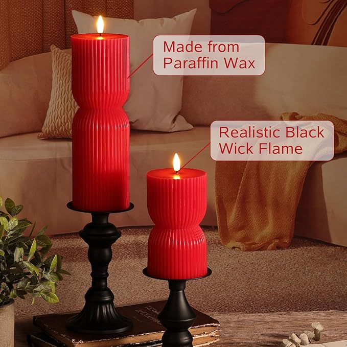 Red Ribbed Flameless Pillar Candles with Remote, Christmas LED Wax Candles Flickering Battery Powered Set of 2