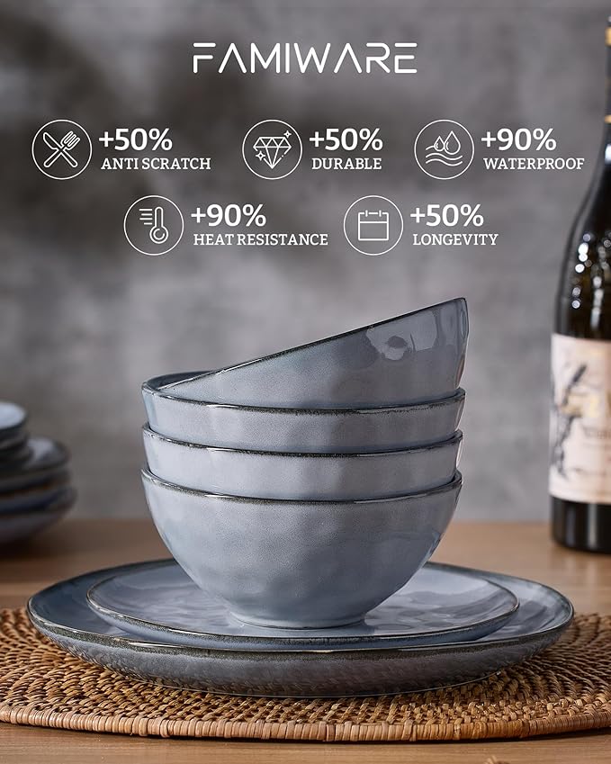 Famiware Dinnerware Sets for 4, Ocean Round 12-Piece Kitchen Plates and Bowls Sets, Reactive Glaze, Microwave and Dishwasher Safe, Scratch Resistant, Blue