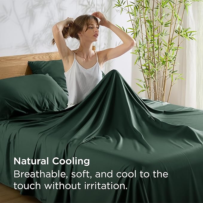 Bedsure Queen Sheet Set, Rayon Derived from Bamboo, Cooling Sheets, Breathable & Soft, Deep Pocket Up to 16 Inches, Hotel Luxury Silky Bedding for Hot Sleepers, Forest Green