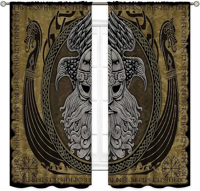 Norse Viking Curtains, Nordic Warriors Sword Celtic Rune Scandinavian Aesthetic Nation Valknut Mythology Window Drapery for Bedroom Living Room Bathroom 2 Panels, 42"x54" Inch