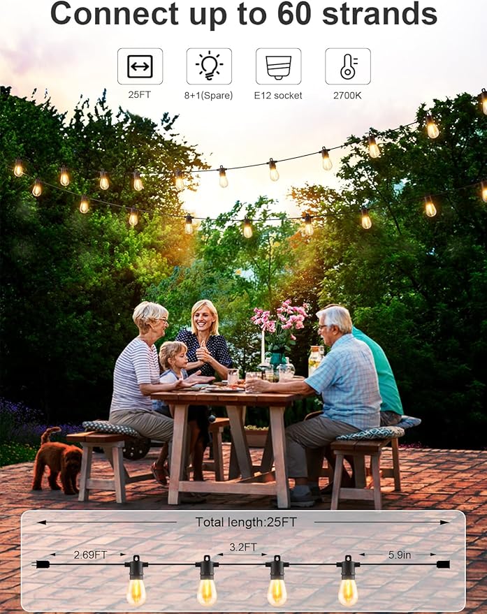 Svater Outdoor String Lights LED 25 FT, Patio Lights for Outside Waterproof IP65 with Shatterproof LED Bulbs, Cafe Bistro Backyard Balcony Hanging Light Warm White