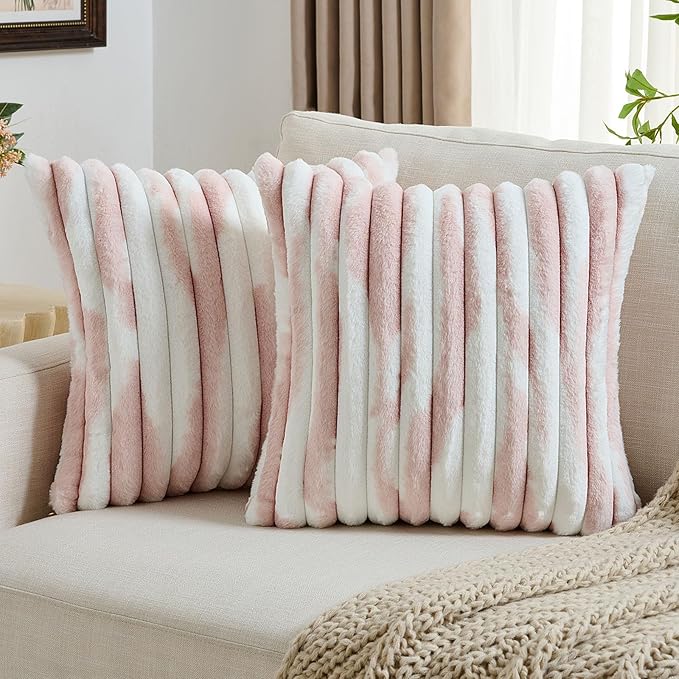 FUTEI Pink Decorative Throw Pillow Covers 26x26 Inch Set of 2, Soft Tie-Dye Faux Rabbit Fur Striped Texture Euro Pillow Sham, Modern Home Decor for Couch Bed Living Room