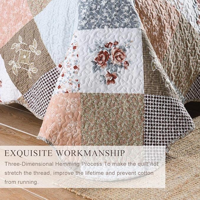 Homcosan Quilt Bedspreads Sets King Size (98x106 inches), Reversible Mocha Floral Patchwork Patterns, Lightweight Coverlet for All Season, 3-Piece Bedding (1 Quilt + 2 Pillow Shams)