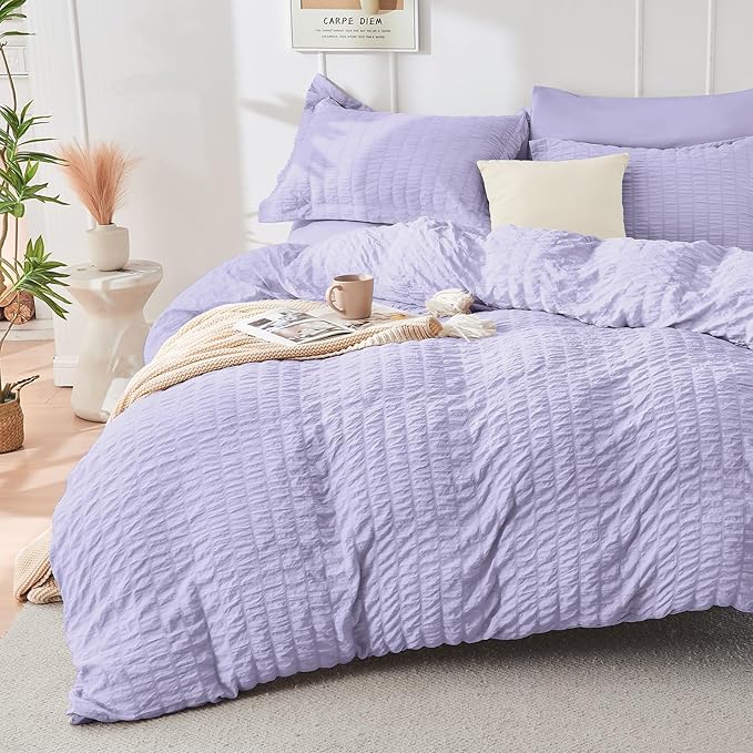 HYMOKEGE Light Purple Twin Comforter Set Seersucker 5 Pieces, All Season Luxury Bed in a Bag for Bedroom, Bedding Set with Comforter, Sheets, Pillowcase & Sham