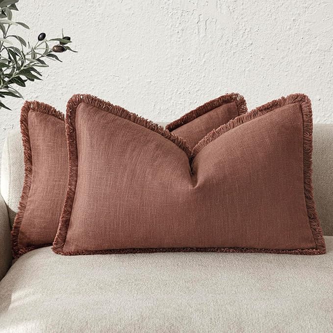 Foindtower Set of 2 Decorative Linen Fringe Lumbar Throw Pillow Covers Boho Farmhouse Cushion Cover with Tassels Soft Accent Pillowcase for Couch Sofa Bed Living Room Home Decor,12×24 Inch,Rust Red