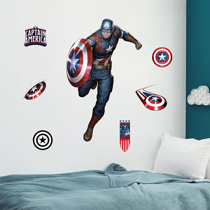 Wall Palz Marvel Captain America Wall Decals - 24" Avengers Removable Vinyl Stickers for Kids Bedroom Playroom Bathroom - Peel and Stick Room Décor