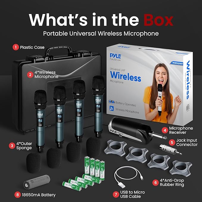 Pyle Portable UHF Band Receiver System, 4 Channel Wireless Microphone System Independent Channel Controls, RF Signal LCD Indicator, Digital Audio Microphone Set with 4 Handheld Microphones