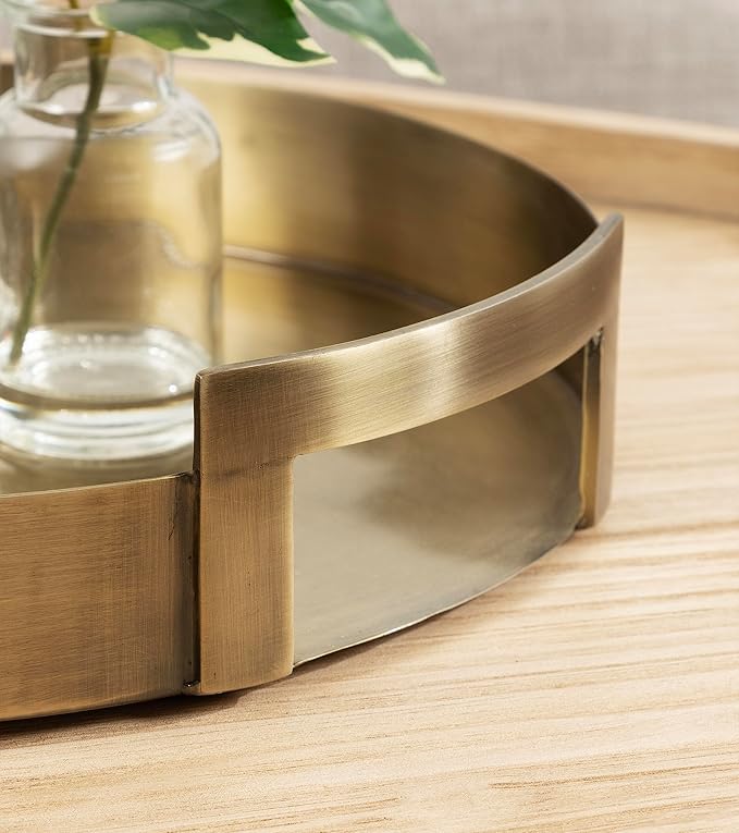 Kate and Laurel Myo Transitional Metal Round Tray, 15 x 15, Brass, Modern Glam Circular Decorative Serving Tray with Handles for Storage, Display, and Decor