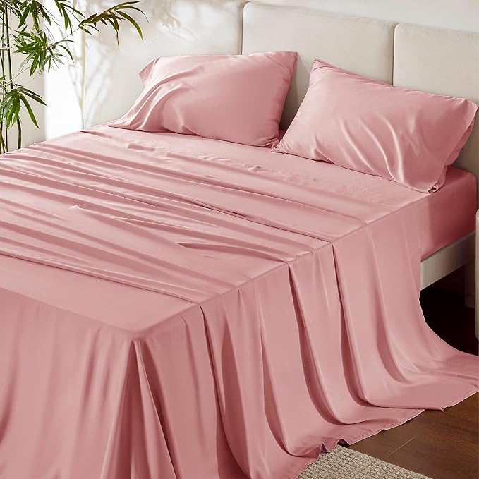 Bedsure California King Sheet Sets, Cooling Sheets, Rayon Derived from Bamboo, Breathable & Soft, Deep Pocket Up to 16 Inches, Hotel Luxury Silky Bedding for Hot Sleepers, Blush Pink