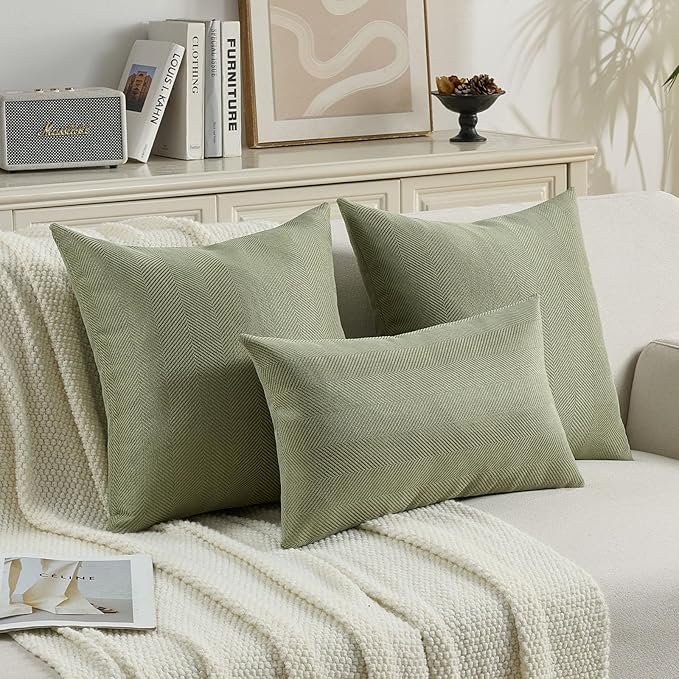 FUTEI Sage Green Chenille Throw Pillow Covers 26x26 Inch Set of 2,Soft Wide Chevron Textured Euro Pillow Shams,Farmhouse Home Decor for Couch Living Room