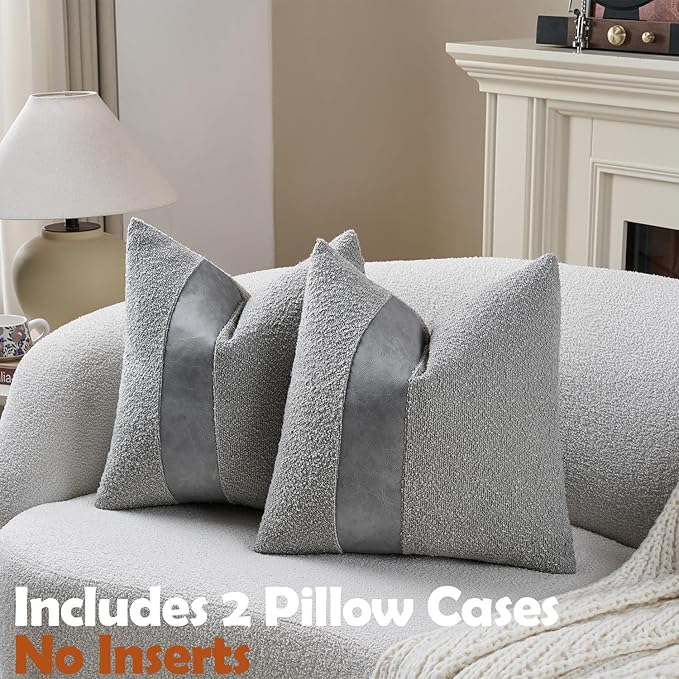 Pack of 2 Faux Leather Boucle Throw Pillow Covers 20"x20" Grey Chic Accents Textured Square Decorative Pillow Cases for Living Room Couch Bed Farmhouse Boho Home Decor
