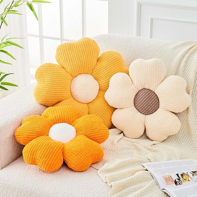 Flower Throw Pillow, Cute Flower Shaped Pillow Decorative Throw Pillow for Bed Couch, Soft Daisy Pillows Floor Seating Cushion Cushions (14.9 Inch Orange)
