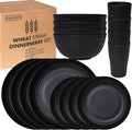 Wheat Straw Dinnerware Sets | Unbreakable Dinnerware Sets | Dishwasher Microwave Safe Dinnerware | Eco Friendly Non Breakable Dinnerware Sets | RV Outdoor Camping (Black, Service for 4 (16 pcs))