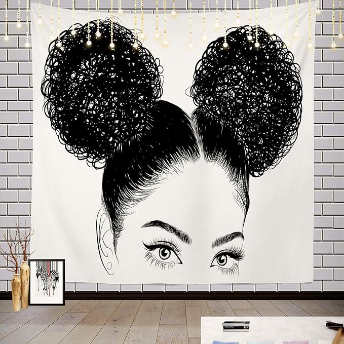 Batmerry Black Woman Afro American Tapestry, Black Woman with Shirt Graphic Tee Visit Hair Afro Girl Picnic Mat Hippie Trippy Tapestry Wall Art Decor for Bedroom Living Room, 59.1 x 59.1 Inches, Black