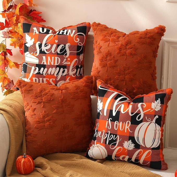 TOYPOPOR Fall Decorations 2 Packs Double Sided Throw Pillow Covers Rust Red Soft Faux Fur Maple Leaf Pillow Case Autumn Harvest Thanksgiving Indoor Outdoor Home Decor for Living Room Porch Couch 18x18