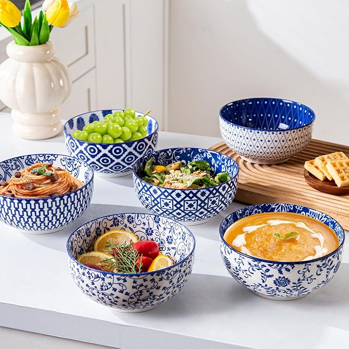 Ceramic Soup Bowls Set - 23 Oz Deep Cereal Bowl for kitchen - 6 Inch Porcelain Salad Bowl for Pasta, Dessert, Ramen - Microwave Dishwasher Safe - Set of 6 - Vintage Blue
