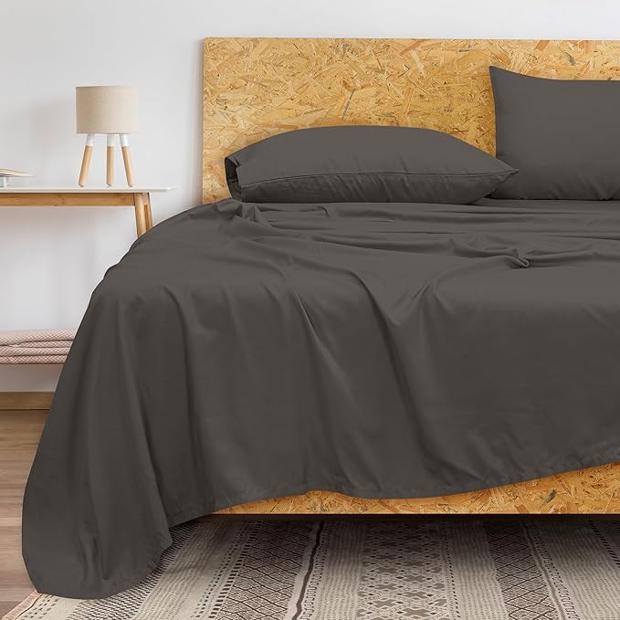 Royale Linens 300 Thread Count 100% Long Staple Combed Cotton Flat Sheet - Super Soft - Top Sheets - Queen Flat Sheet Sold Separately - Breathable, Cool & Crisp Percale Sheets Only (Queen, Grey)