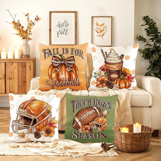 Fall Pillow Covers 16x16 Set of 4,Football Velvet Throw Pillows Farmhouse Autumn Pillowcases Decorative Home Decor for Couch Sofa, Porch Bed Living Room Fall Home Decorations