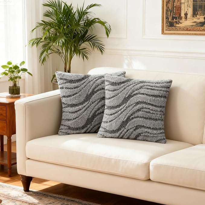 Grey Pillow Covers 20x20 Inches Set of 2,Soft Faux Fur Textured Throw Pillow Covers Boho Geometric Reversible Decorative Pillow Covers Home Decor for Couch Bed Livingroom