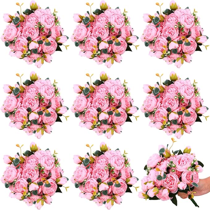 Hoteam 24 Bundles Artificial Peonies Flowers Wedding Faux Flowers Silk Peony Bouquet Bulk Bride Fake Florals Arrangements for Table Centerpieces Wedding Party Vase Decor (Light Pink)