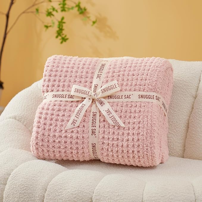 Snuggle Sac Ultra Soft Waffle Throw Blanket for Couch Bed Sofa 50x60 inches, Reversible Pink Blanket Microfiber Fluffy Fuzzy Cozy Knit Throws for Women Mothers Birthday Gifts