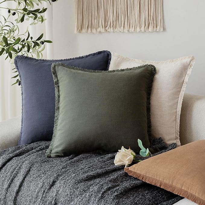 Foindtower Decorative Linen Fringe Throw Pillow Covers Cozy Boho Farmhouse Cushion Cover with Tassels Soft Accent Pillowcase for Chair Sofa Bed Living Room Home Decor, 16×16 Inch, 1PC,Dark Olive Green