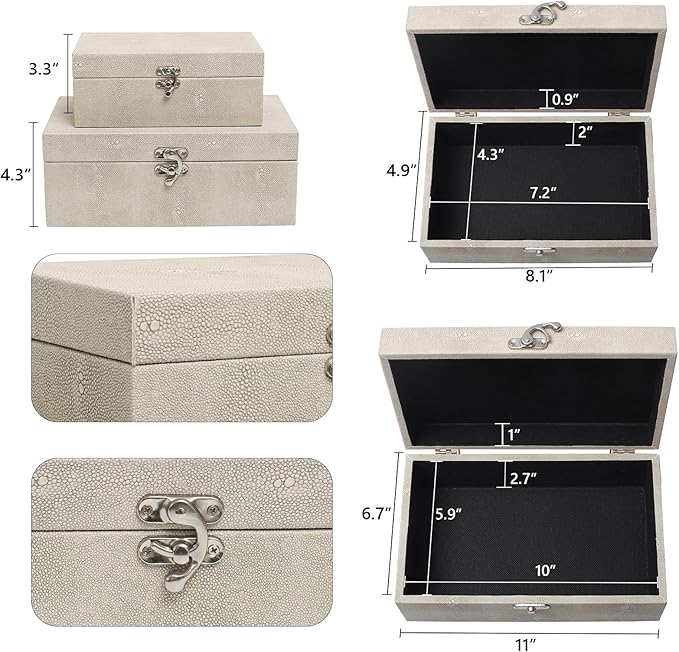Faux Shagreen Leather Decorative Storage Boxes Set of 2, Ivory