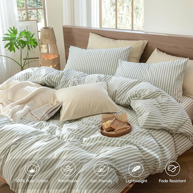 MooMee Striped Duvet Cover Set 100% Washed Cotton Linen Like Textured Breathable Durable Soft Comfy (Sage Green White Classic Stripes, Super King 108"x98")