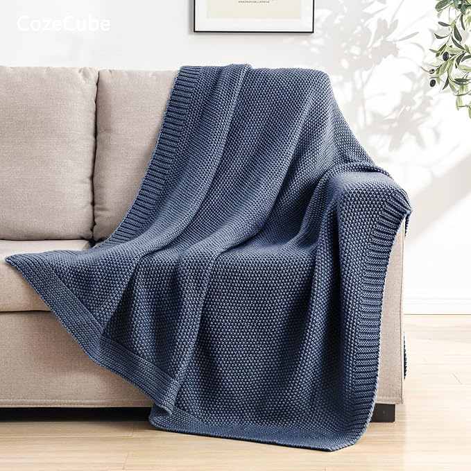 CozeCube Blue Throw Blanket for Couch, Soft Cozy Cable Knit Throw for Bed Sofa Living Room, Lightweight Warm Decorative Farmhouse Christmas Blanket, 50"x60", Dusty Blue