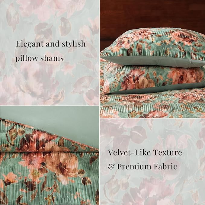 CASAAGUSTO Full Comforter Set, 7 PCS Sage & Red Floral Comforter Set with Flowers Leaves Pattern, Soft Velvet Design for Winter Full Size Bedding Set(80"X90")