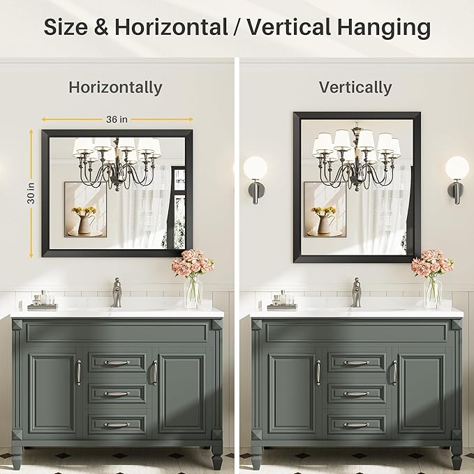 36x30 Inch Black Bathroom Mirror for Wall, Thick Metal Framed Rectangle Mirrors for Over Sink, Bedroom, Living Room, Entryway, Anti-Rust, HD Tempered Glass