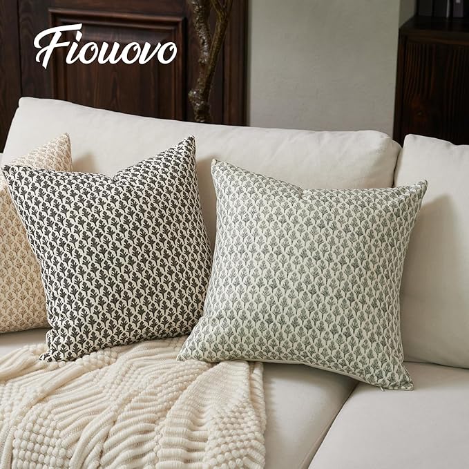 Floral Pillow Covers 18x18 Pillow Cover Block Print Couch Pillows for Living Room Decorative Neutral Accent Throw Pillow Covers, 1PC, Olive Green