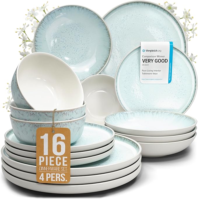 Stoneware dinnerware set 4 persons 16 pcs – Modern style plates and bowls set ceramic – Dishwasher, microwave and scratch resistant – Bowl and plate set – Dinner service Pure Living beige & light blue