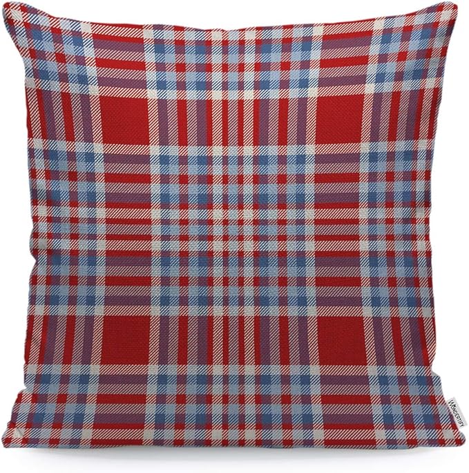 WONDERTIFY Throw Pillow Case Cover Tartan Plaid Pattern Checkered Fabric Texture Moderate Light Blue White and Bright Red Soft Linen Pillow Case for Bedroom/Livingroom/Sofa Cushion Covers 18x18 Inch