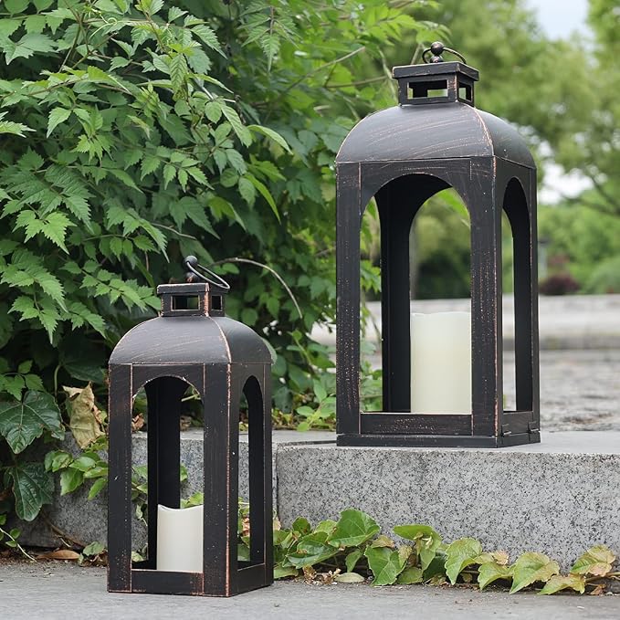 DECORKEY LED Lantern Decorative Outdoor&Indoor, Set of 2 (17’’&13’’) Black Metal Lanterns Decor, Vintage Hanging Candle Holder for Home Porch Wedding Halloween Christmas Decorations Battery Powered