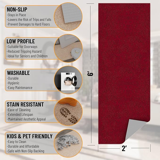 Ottomanson 2' x 6' Ultra-Thin Hallway Runner Rug - Durable Non-Slip Carpet for High-Traffic Areas - Fits Under Doors for Seamless Entry - Ideal for Kitchen, Entryway, Bedroom & Living Room, Red