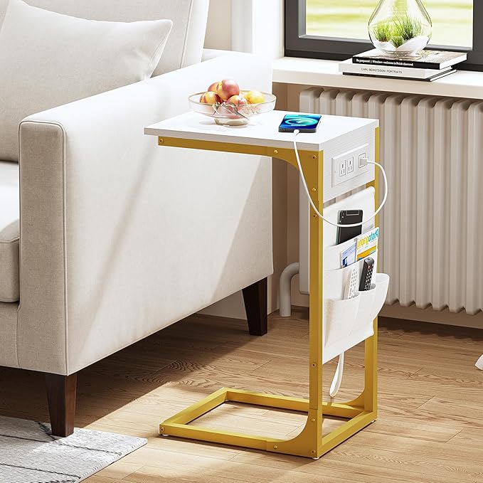 TUTOTAK C Shaped End Table with Charging Station, Side Table for Sofa, Couch Table with Storage Bag, Set of 2, TV Tray Table with 2 USB Ports and Outlets for Living Room, Bedroom, TB01BWG0242